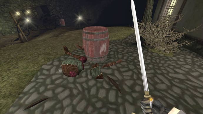 A few body parts arranged around a dynamite barrel in Gloomwood