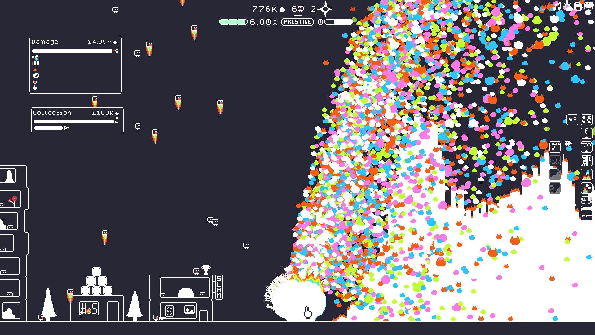 The rock spews colourful pixel shards in incremental town builder (the) Gnorp Apologue. - 1
