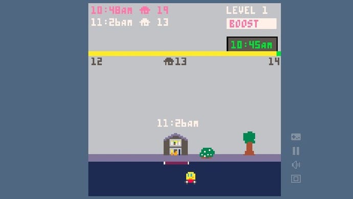 The pico-8 game Go Fast Deliver Things, in which a small yellow happy face on a motorised kart - a delivery robot - is on a street making deliveries.