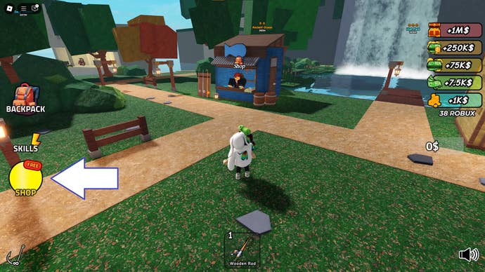 A screenshot of Go Fishing in Roblox showing the game’s Shop button.