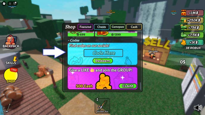 A screenshot of Go Fishing in Roblox showing the game's code box.