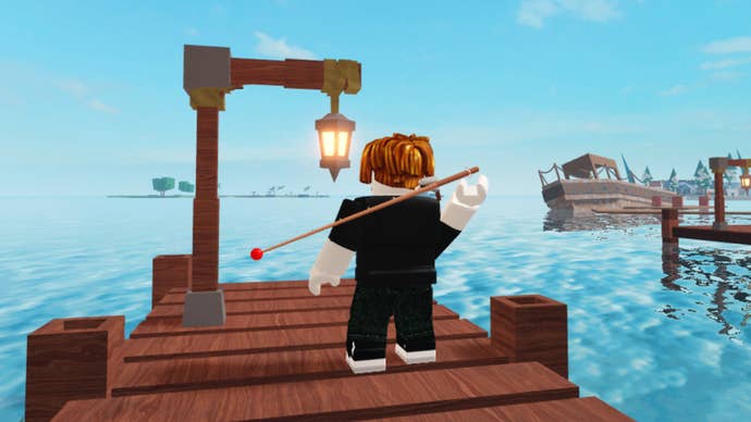 A character in the Roblox game Go Fishing holding a fishing rod looking out to sea.