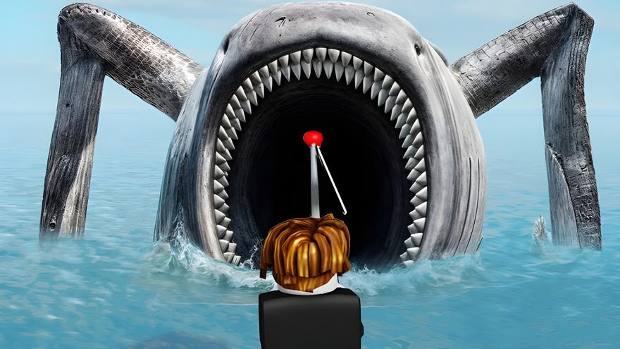 A Roblox character in Go Fishing sends a fishing line towards the open mouth of a giant sea creature.