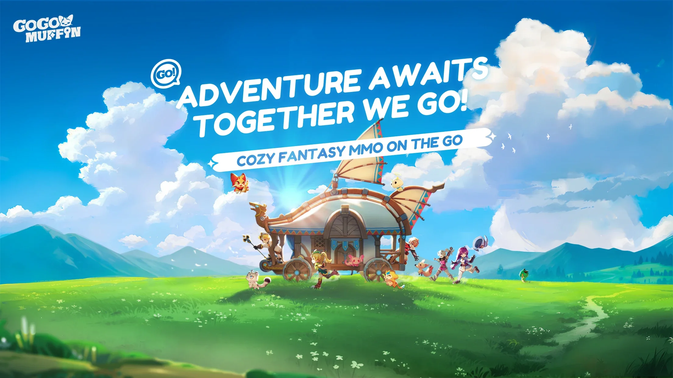 Artwork for the mobile game Go Go Muffin showing a wooden wagon travelling across idyllic scenery with cute characters surrounding it.