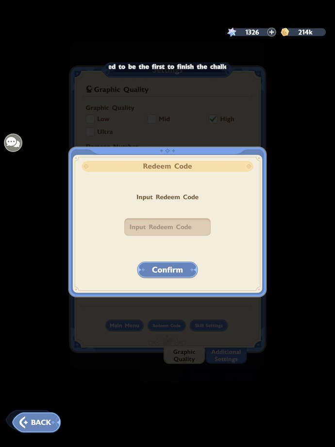 The menu used to redeem codes in the mobile game Go Go Muffin.