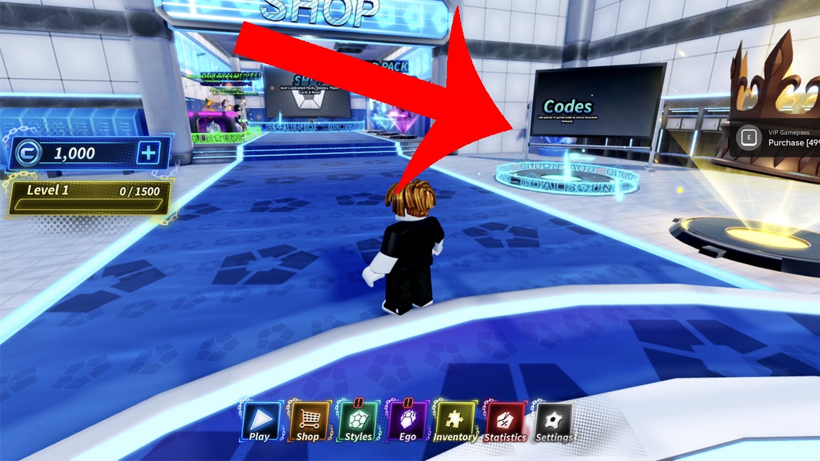 Arrow pointing at the area players need to head to in the Goalbound lobby to redeem codes.
