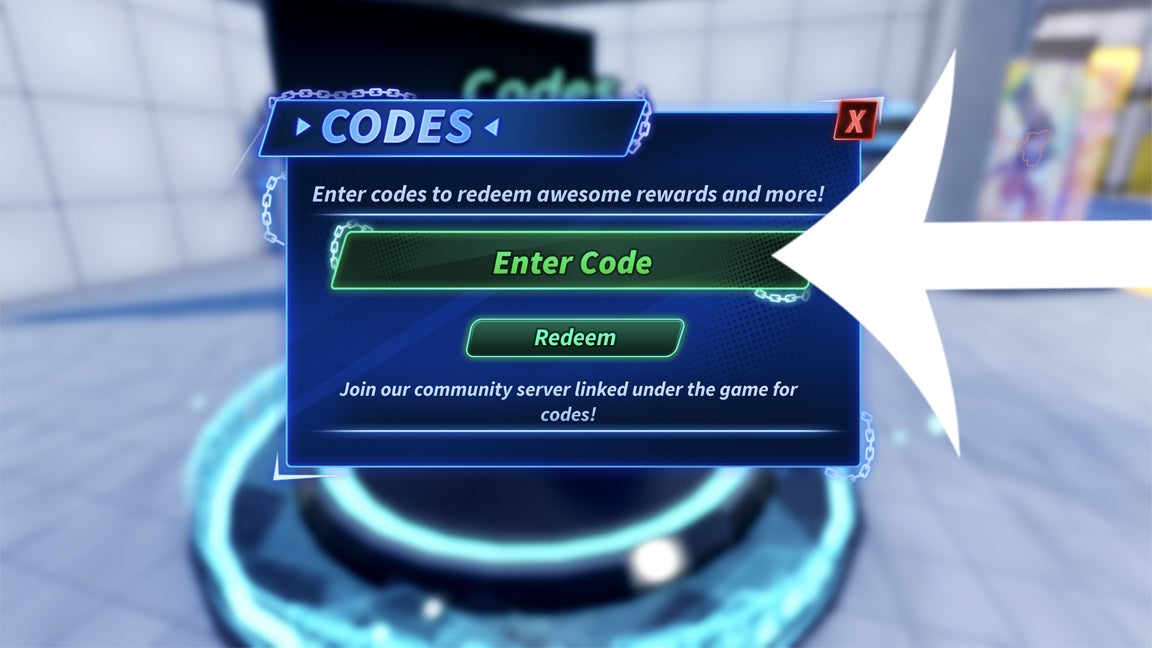 Arrow pointing at the codes menu in the Roblox game Goalbound.