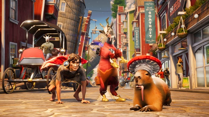 A goat, a capybara, and a human in Goat Simulator 3's DLC.