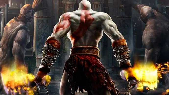 Kratos holding two flaming weapons on the cover art for the PS2 classic God of War 2.