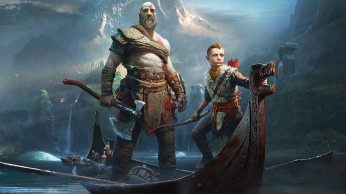 The cover art for the 2018 reboot of God of War, showing Kratos and his son Atreus on a wooden boat.