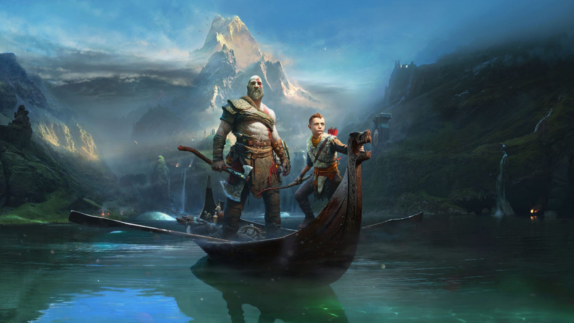 Kratos and Atreus stand on a boat in a river in God of War - 6