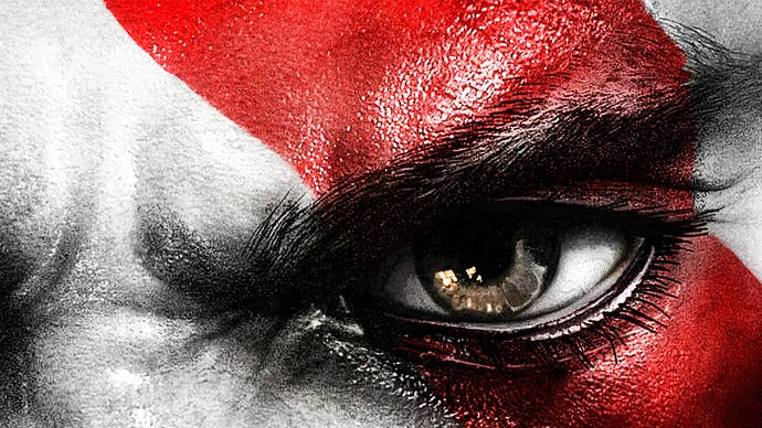 The cover artwork for God of War 3, showing a close-up of Kratos’s face and his distinct red mark that runs across his face and body.