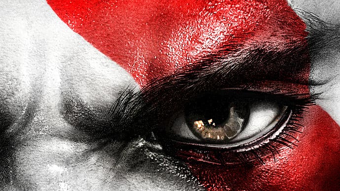 The cover artwork for God of War 3, showing a close-up of Kratos's face and his distinct red mark that runs across his face and body.