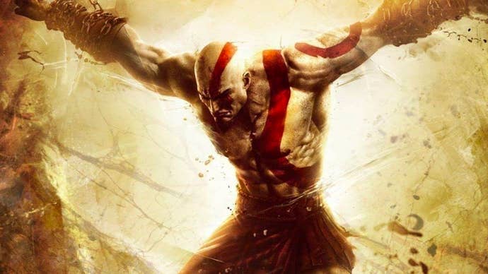 Kratos with his arms apart and chained up in the cover artwork for God of War: Ascension.