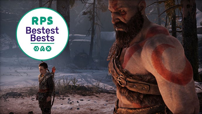 Kratos and Atreus standing in a snowy forest. The screenshot has an RPS bestest best badge in the top left corner.