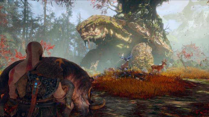 Kratos approaches Chaurli, a giant tortoise, in God of War.