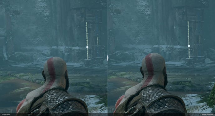 A God of War graphics comparison image showing DSR 4x on the left versus native rendering on the right.
