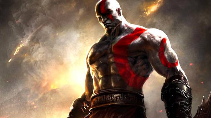 The cover art for God of War Ghost of Sparta showing a dimly lit Kratos with a streak of flames lighting up the background.