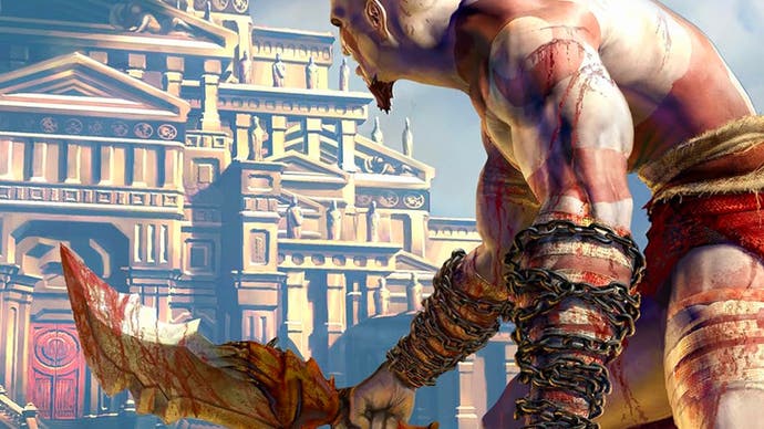 Kratos holding his iconic Blades of Chaos weapon on the cover of the original God of War game for PS2.