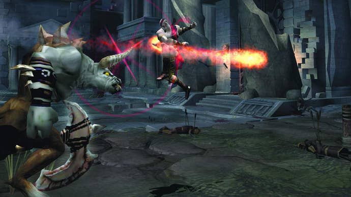 Kratos using his Blades of Chaos weapon to attack an enemy in the original God of War game for PS2.