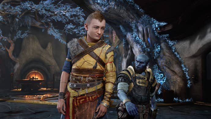 Atreus, Kratos’s son, talking to a dwarven pal in God Of War Ragnarök