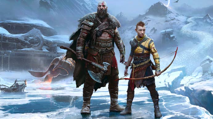 The cover art for God of War Ragnarök, showing Kratos and Atreus standing in an icy region in Ancient Scandinavia.