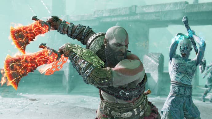 Kratos battles an undead warrior in God of War Ragnarök.