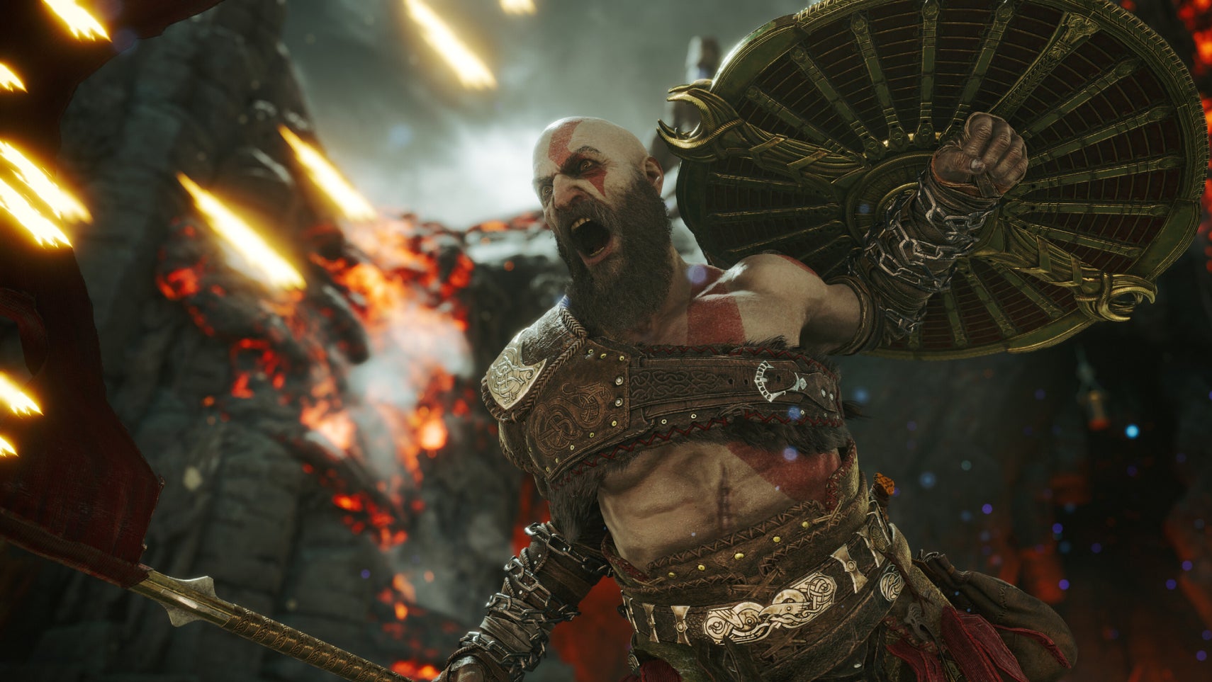 Kratos yelling before attacking God of War Ragnarok. - 1