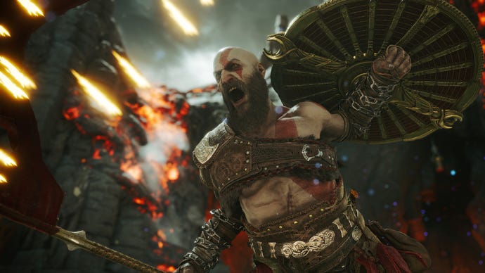 Kratos krzyczy przed atakiem w God of War Ragnarok.