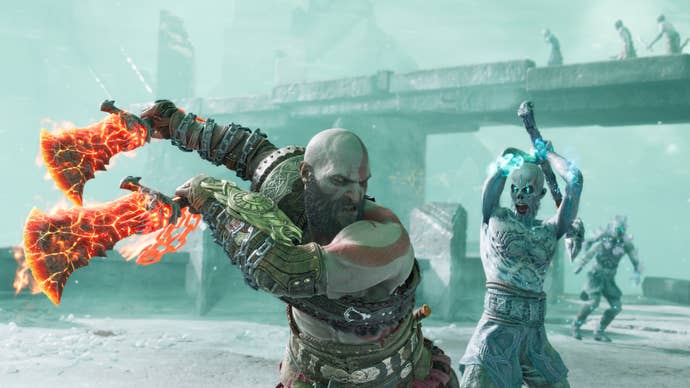 Kratos battling an ice zombie lad in God of War Ragnarok.