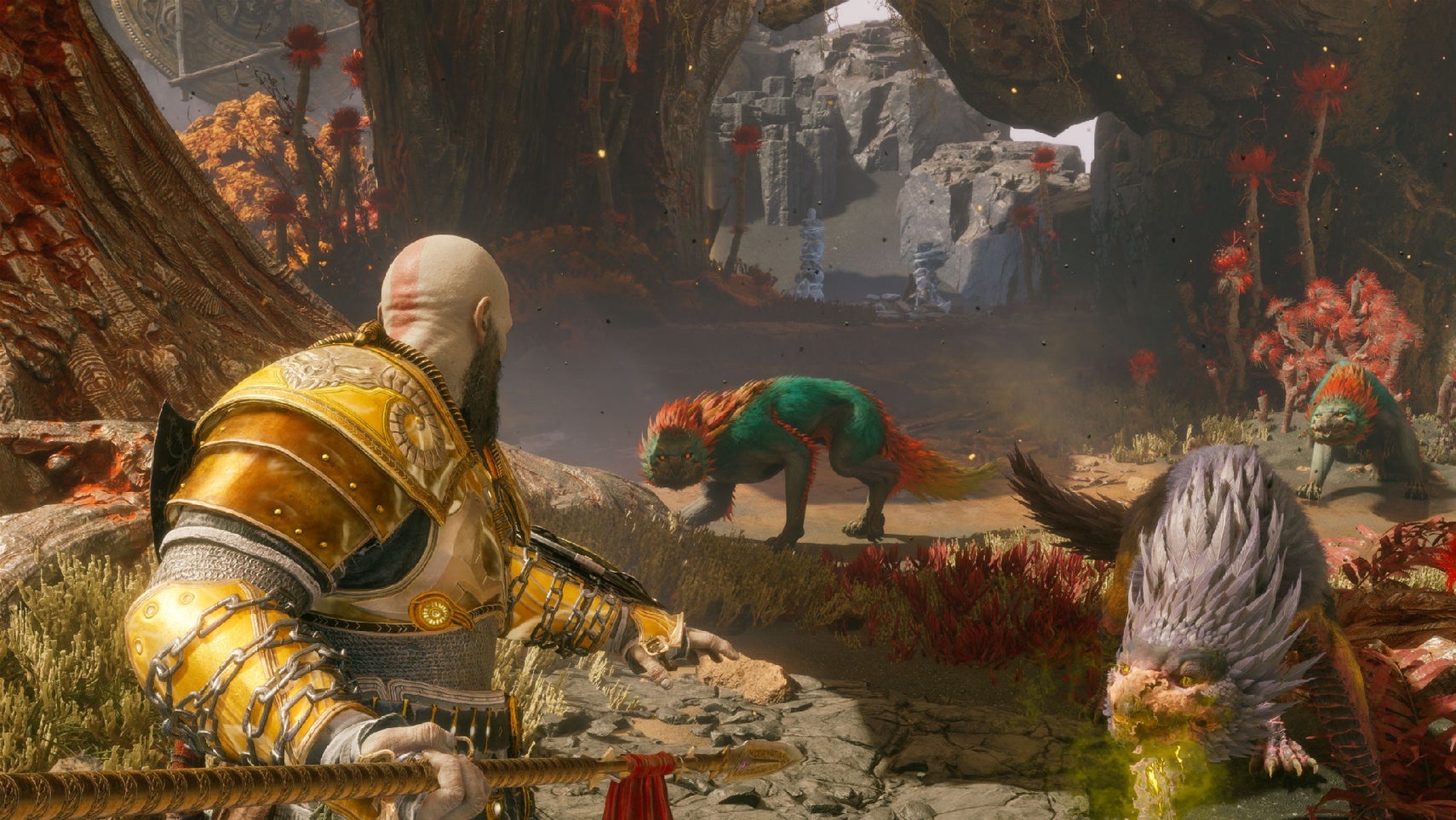 Kratos battling some creatures in God of War Ragnarok Valhalla. - 1