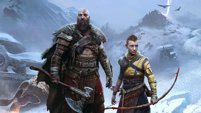 Key art of God of War showing Kratos and Atreus, they are stood in a snowy mountainscape.
