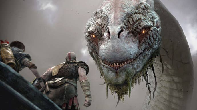 In God of War, Jörmungandr the world serpent towers over Kratos and Atreus.