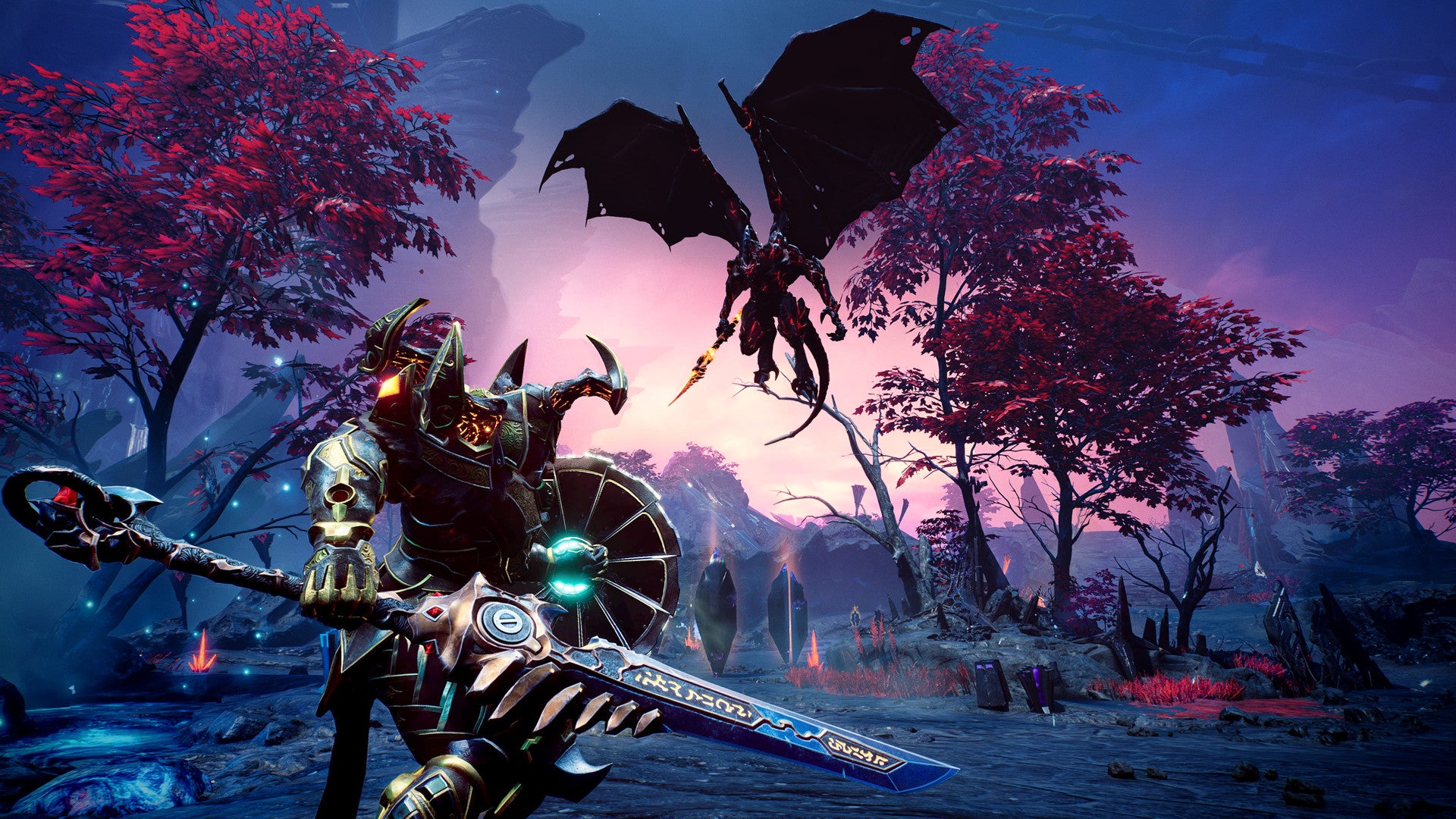 A Valorian knight in Godfall preparing to strike a flying enemy.