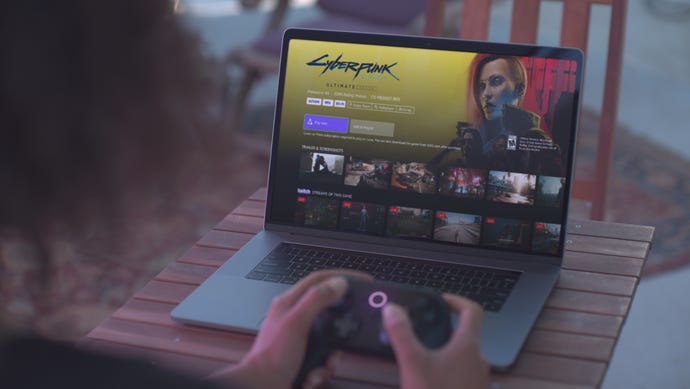 A mock-up of someone going to play Cyberpunk 2077 via GOG on Amazon Luna.