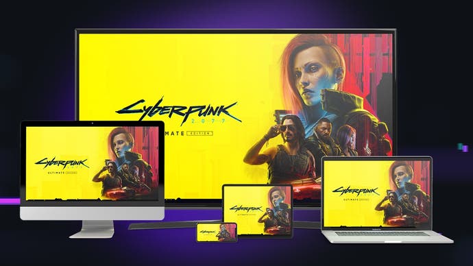 Promotional GOG artwork showing Cyberpunk 2077 running across a range of different devices including a TV, Macbook, tablet, and phone.