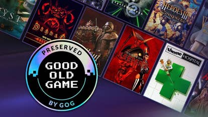The logo for Good Old Game by GOG with assorted video crippled posters down it.