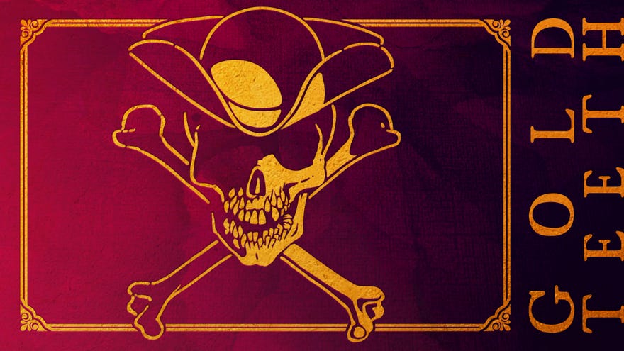 A skull and bones symbol in gold against a rich red background with the words “Gold Teeth” on their side to its right.