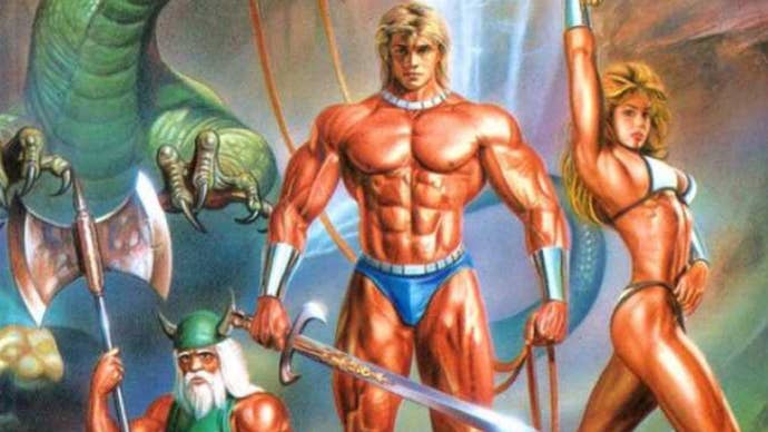 Classic Golden Axe box art showing a ripped (and scantly clad) male warrior, a fierce (and scantily clad) female warrior, and a squatting (but marginally less scantily clad) dwarf, all suspiciously well-oiled.
