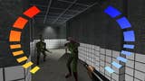 A GoldenEye 007 Xbox screenshot. We see from James Bond's point of view, AK47 in hand, as he looks down a white-tiled corridor at two Soviet Russian guards.