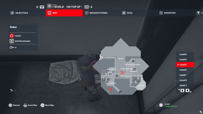 Hitman 3’s Dubai map showing the location of the exploding golf ball in the top-left.
