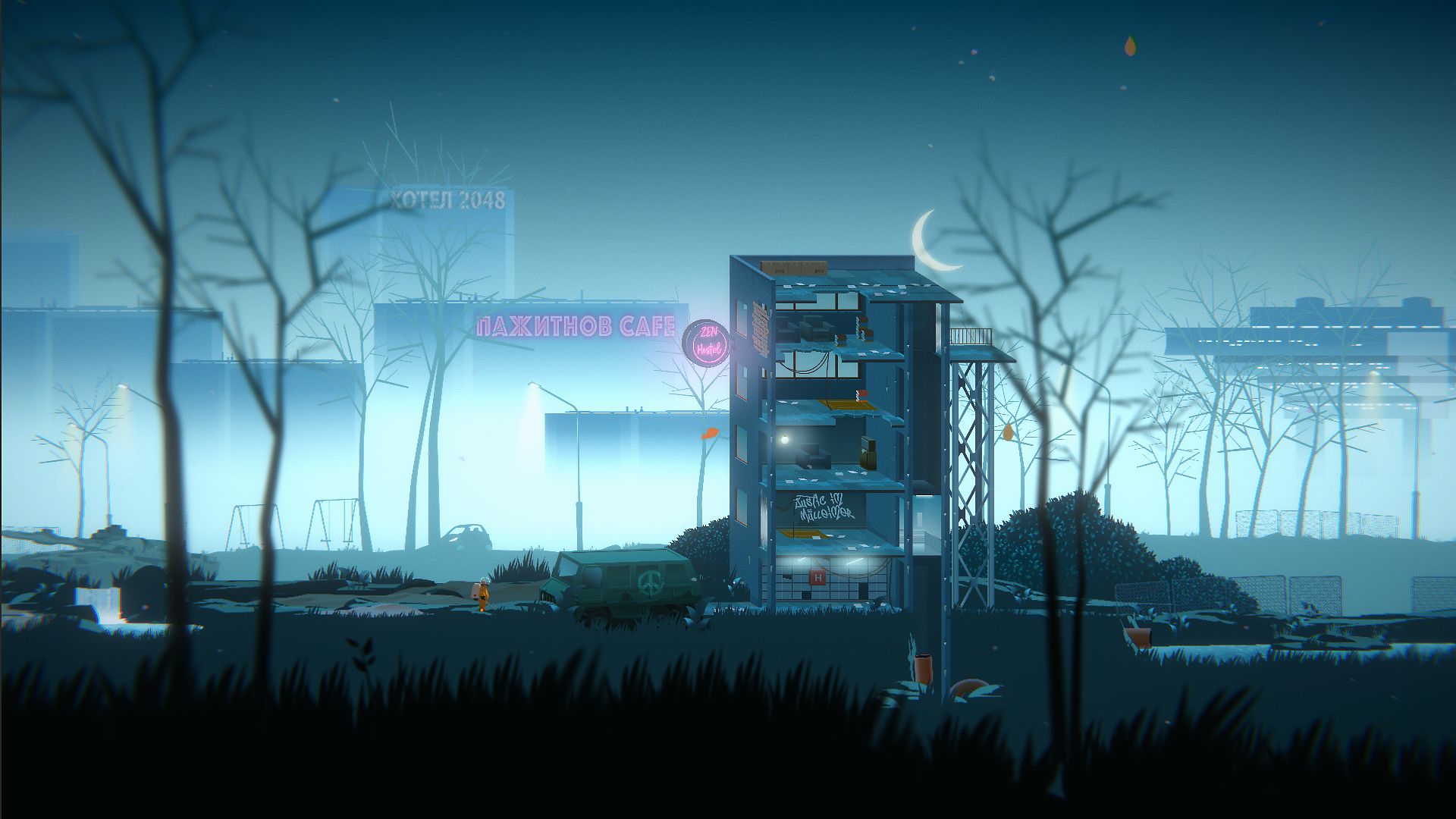 A screenshot of Golf Club Wasteland showing a grey, decaying urban environment. There&rsquo;s a cut-through of a crumbling building. Small beside it to the left is a man in an orange spacesuit.