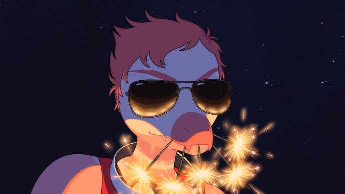 Goodbye Volcano High screenshot of a teen dinosaur in aviator sunglasses lighting a bunch of sparklers in his mouth