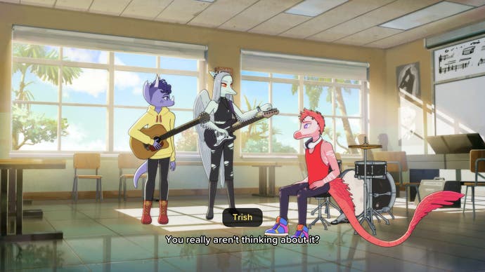 Goodbye Volcano High screenshot showing three teen dinosaurs meeting for band practice at school