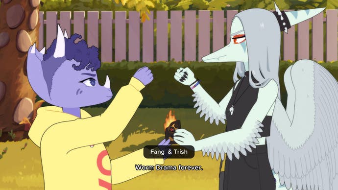 Goodbye Volcano High screenshot showing two teen dinosaurs burning a business card in a pre-band gig ritual