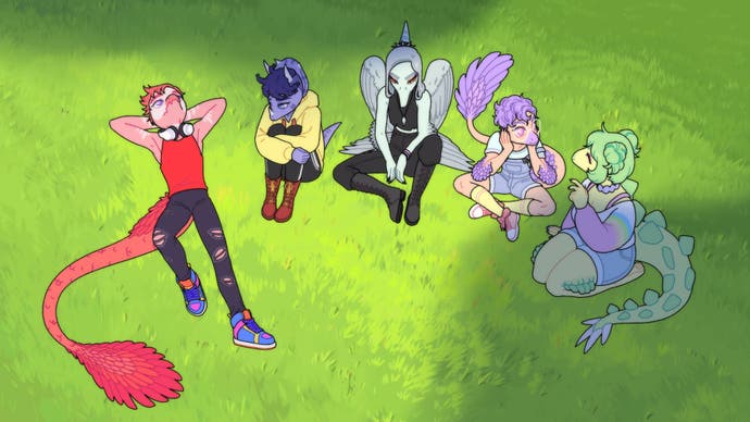 Goodbye Volcano High screenshot showing a group of five dinosaur teens hanging out on a green lawn