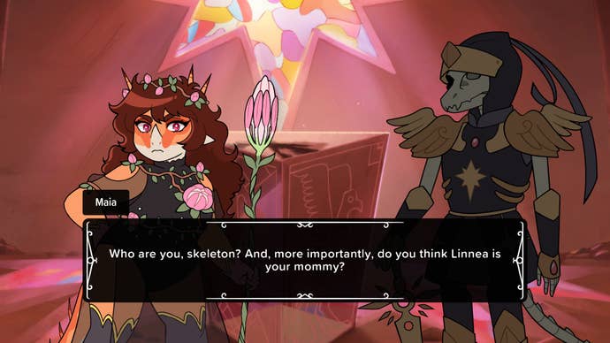 Goodbye Volcano High screenshot showing a teen dinosaur in a fantasy costume facing off against a skeleton in a Dungeons & Dragons-style game