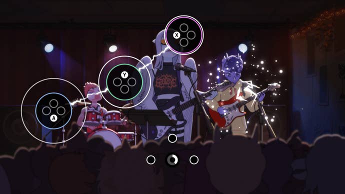 Goodbye Volcano High screenshot of a rhythm section in the game that involves hitting specific controller buttons in sequence