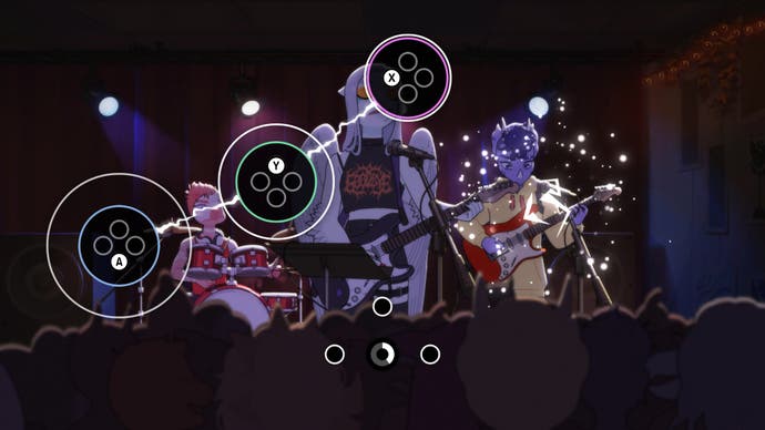 Goodbye Volcano High screenshot of a rhythm section in the game that involves hitting specific controller buttons in sequence