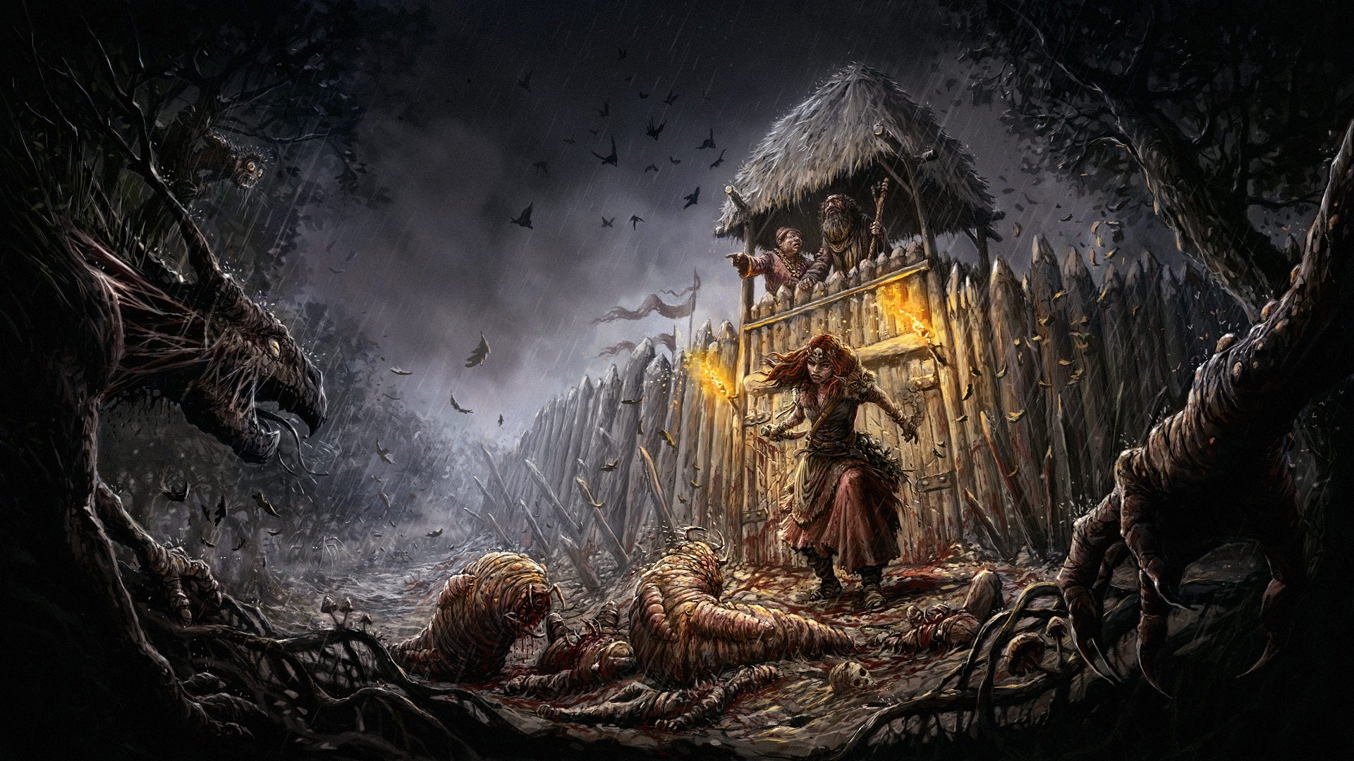 Gord key art showing a woman holding a torch staring angrily at the horrors outside of her settlement.